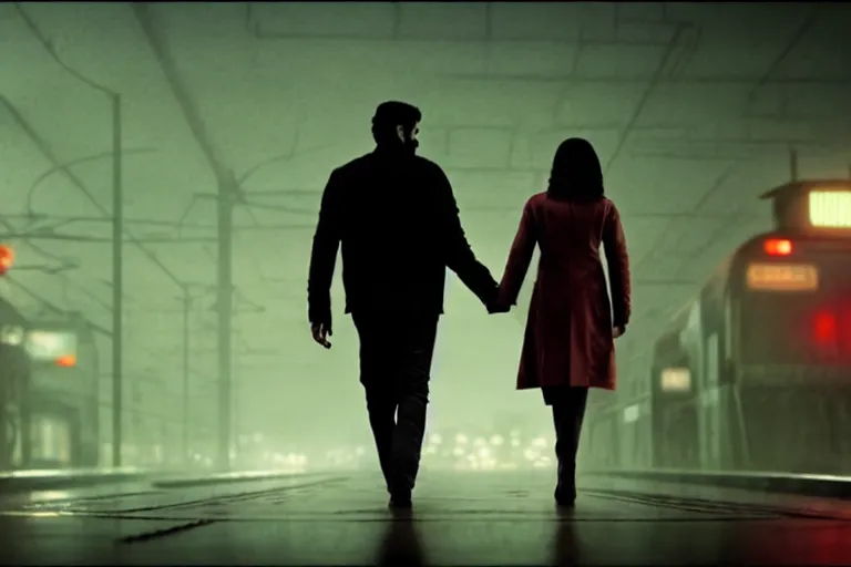 Image similar to film still of closeup beautiful model indian couple in blade runner 2 0 4 9, train station, cinematic, moody, gritty neon noir by emmanuel lubezki