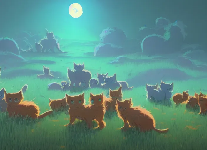 Image similar to concept art of a field of millions of kittens, cel shaded, in the style of makoto shinkai and moebius and peter mohrbacher and anton fadeev