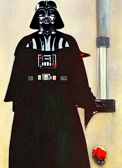 Image similar to a norman rockwell painting of darth vader on an i - beam