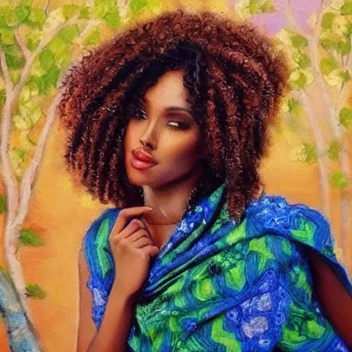 Image similar to brown skinned somali woman, curly hair, somali attire, dreamy, impressionist, figurative