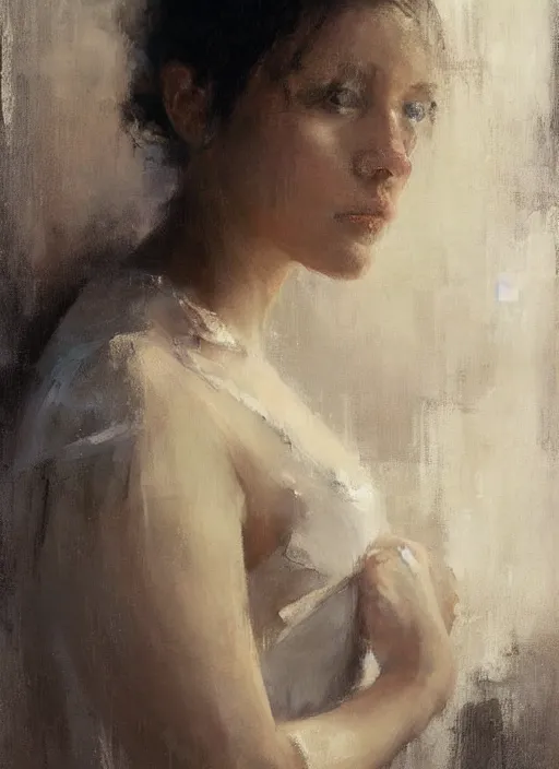 Prompt: beautiful portrait painting of a woman posing in an artistic pose holding her hair bun over a bed, by jeremy mann, only one head single portrait
