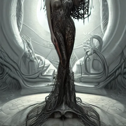 Prompt: Full Body View, Beautiful Face, The Fantasy Goddess Eris, on her Throne, by NIXEU, by HR Giger, by WLOP, by Attila Adorjany