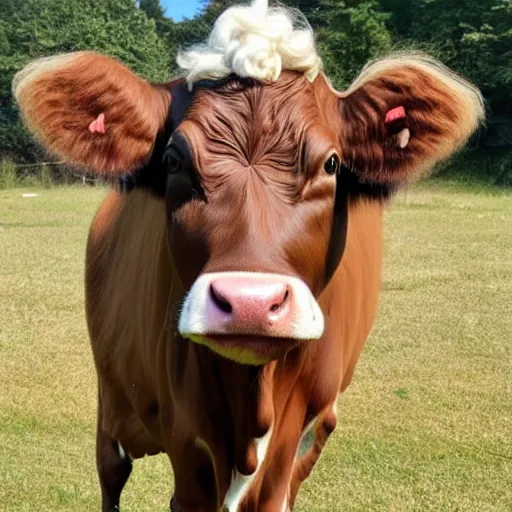 Prompt: a beautiful cow with long blond curly hair on his head