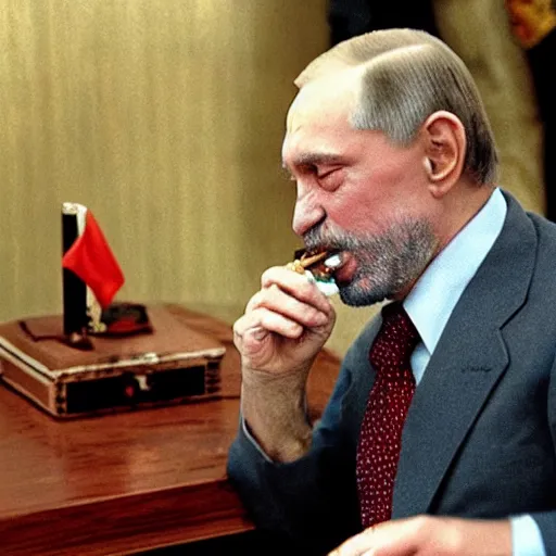 Image similar to lula da silva smoking a cigar with putin, soviet paraphernalia, 4k