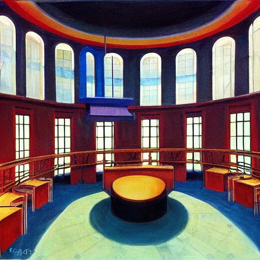 Prompt: mind control facility interior, dystopian, pj crook, edward hopper, oil on canvas