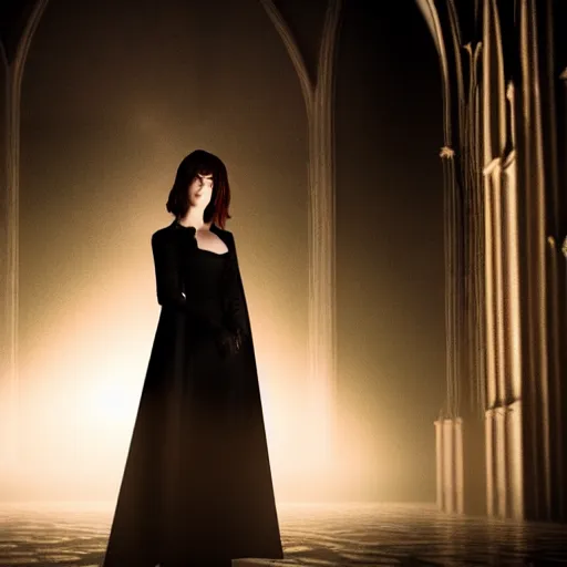 Image similar to mary elizabeth winstead as a vampire in a gothic cathedral at night, gloomy, gothic, ground mist, volumetric light.