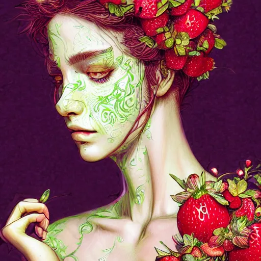 Prompt: the portrait of an absurdly beautiful, graceful, elegant, sophisticated woman made of strawberries and green petals, an ultrafine hyperdetailed illustration by kim jung gi, irakli nadar, romanticism, intricate linework, bright colors, octopath traveler, final fantasy, unreal engine 5 highly rendered, global illumination, radiant light, detailed and intricate environment