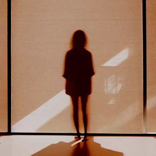 Prompt: she sees her own shadow outlined in red light along the floor below her