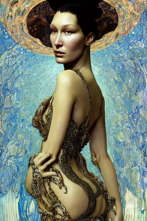 Image similar to a highly detailed portrait of a beautiful alien goddess bella hadid in iris van herpen dress in diamonds and fractals in style of alphonse mucha art nuvo gustav klimt trending on artstation made in unreal engine 4