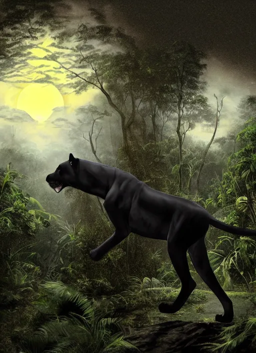 Prompt: a beautiful matte painting of a black jaguar walking in the jungle at night, with full moon in the sky, ayahuasca, by Pablo Amaringo