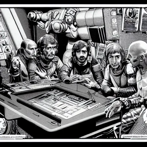 Image similar to the crew of the nostromo playing dungeons & dragons, alien 1 9 7 9, ron cobb, highly detailed, comic book, science fiction, used future