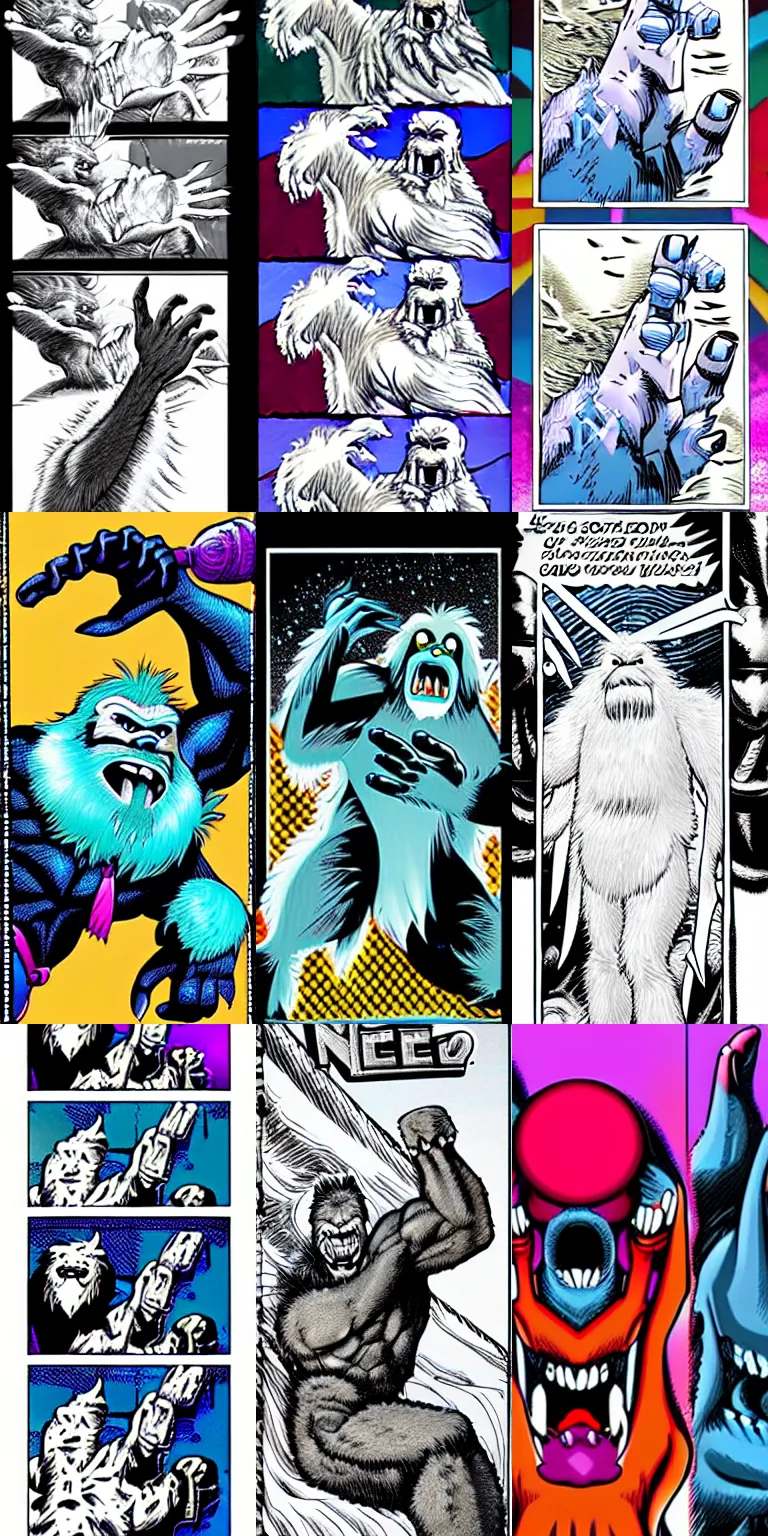 Prompt: one ice yeti hand with claws is drawn from left to right, fantasy, in the style of an arthur adams comic book cover