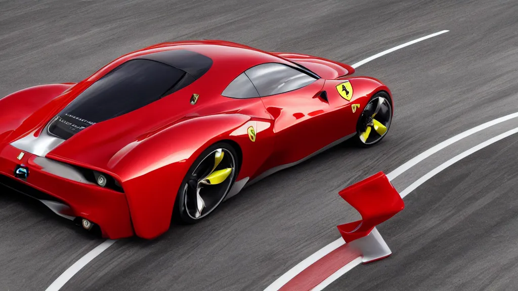 Prompt: photo of a ferrari concept car on racetrack, cinematic, fine details, symmetrical, 4 k