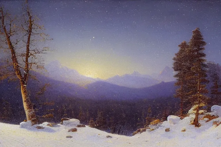 Image similar to mountains, trees, beautiful nature, winter, night, stars, snow, very detailed, focused, oil painting, colorful, canvas, artstation, Sydney Mortimer Laurence, Albert Bierstadt, Theodor Kittelsen, Hans Dahl, Konstantin Yakovlevich Kryzhitsky, Hermann Hendrich