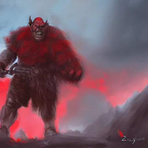 Prompt: orc by zdzislaw belinski, red clouds