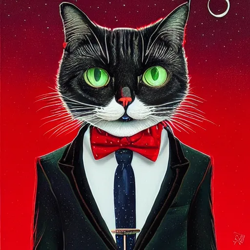 Image similar to portrait illustration of funny brittish cat with big green eyes, in the tuxedo and red tie, space and moon on the background by jeremiah ketner, quint buchholz, wlop, dan mumford