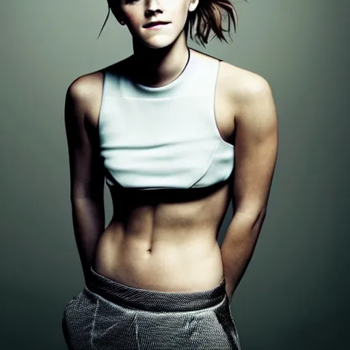 Prompt: Portrait of Emma Watson wearing a crop top and sports pants, luxurious, majestic, by Martin Schoeller