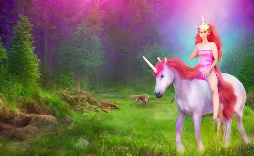 Prompt: princess riding a unicorn, in a forest clearing, ultra realistic, photorealistic, digital art,