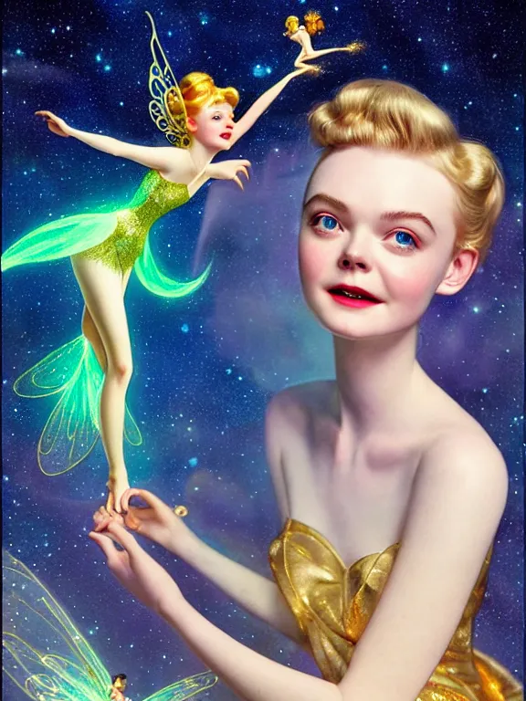 Image similar to elle fanning as tinkerbell glowing, a beautiful art nouveau portrait by Gil elvgren and Hajime Sorayama, moonlit starry sky environment, centered composition, defined features, golden ratio, gold jewlery, photorealistic professionals lighting, cinematic, sheer