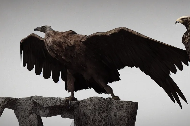 Image similar to a strong vulture next to a malnourished hawk. ultra-detailed, 8k, octane render