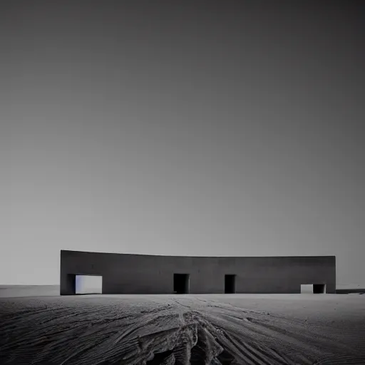 Prompt: massive concrete building in a sandstorm, in the desert, neon lights, james turrel, minimalist architecture,