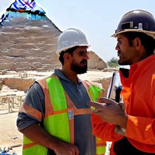 Image similar to a rare candid photograph of an egyptian engineer and a construction worker talking at the early construction of the khufu pyramid, dslr high resolution