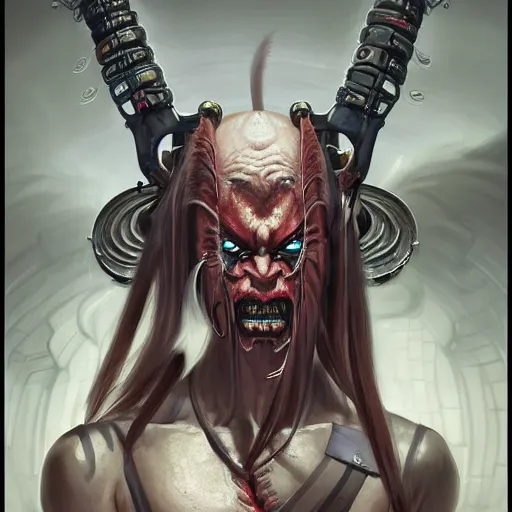 Prompt: portrait, cyberpunk japanese oni demon with hrons, stern expression, long hair, highly detailed, digital painting, artstation, concept art, smooth, sharp focus, illustration, artgerm, tomasz alen kopera, peter mohrbacher, donato giancola, joseph christian leyendecker, wlop, frank frazetta