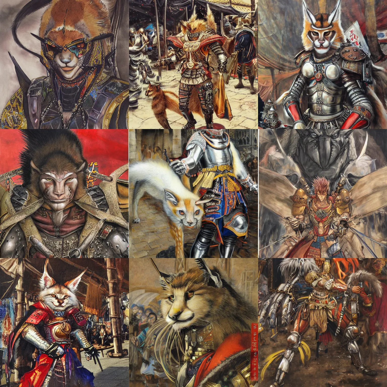 Prompt: 8k Yoshitaka Amano painting of upper body of a young cool looking caracal beast-man with white mane at a medieval market at windy day. Depth of field. He is wearing complex tribal armors. He has huge paws. Renaissance style lighting.