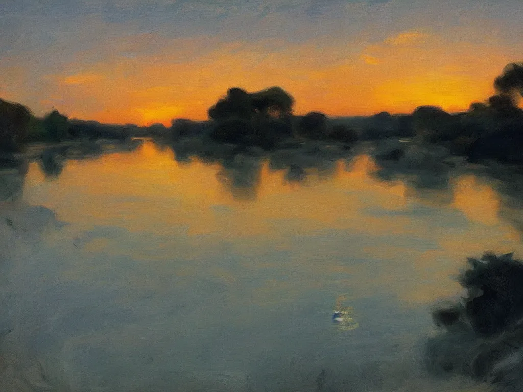 Prompt: trending on artstation, a beautiful river during sunset, in the style of John Singer Sargent