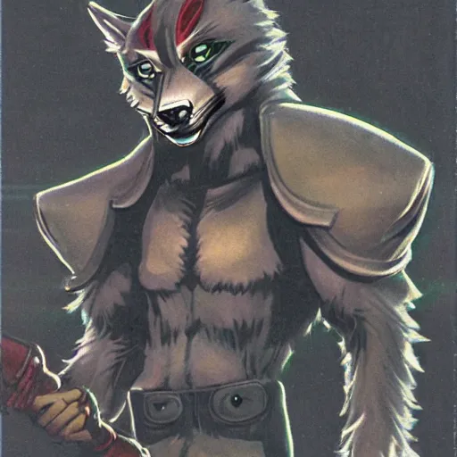 Image similar to 1 9 8 0 s video game art of anthropomorphic wolf o'donnell from starfox fursona furry wolf in a dark space mercenary uniform, looking heroic, magazine scan, 8 0 s game box art, dark grey wolf o'donnell