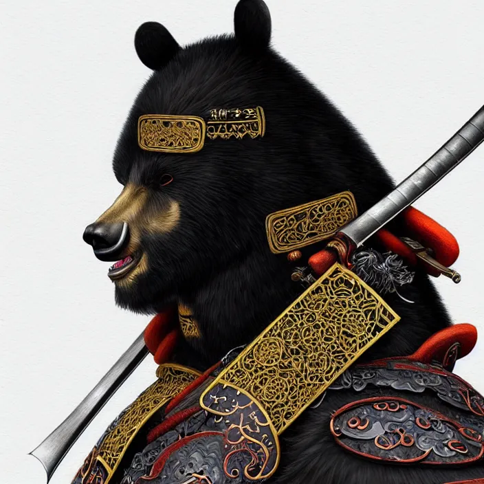 Image similar to anthropomorphic samurai asian black bear, fantasy, intricate, highly detailed, lifelike, photorealistic, digital painting, artstation, illustration, concept art, smooth, sharp focus, art by ogata korin and aya takano