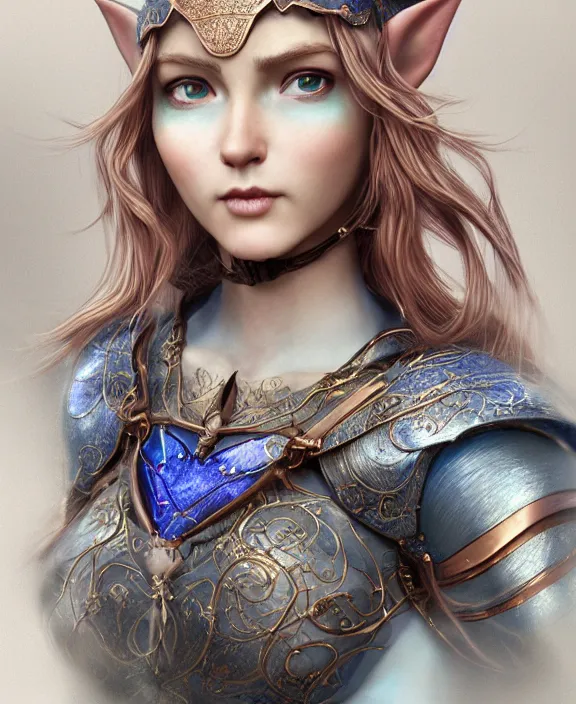 Image similar to a beautiful and highly detailed digital portrait of a dignified elf with long blue windswept hair in a rose gold breastplate by artgerm, nina tryggvadottir, and lu ji, centered, artsation contest winner, cgsociety, fantasy art, cryengine, concept art, photorealism, daz 3 d, sketchfab, zbrush, vray