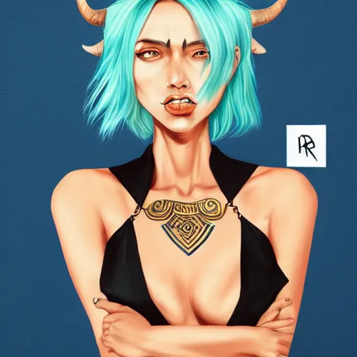 Image similar to illustrated realistic portrait of ram-horned devil woman with blue bob hairstyle and her tan colored skin and with solid black eyes wearing leather by rossdraws