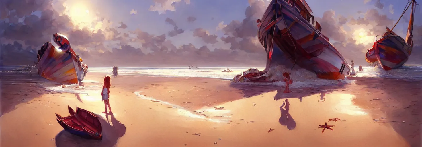 Image similar to bright sunny day on a beach, boats washed ashore, soft warm lighting, highly detailed, digital painting, trending on artstation, sharp focus, illustration, art by artgerm and greg rutkowski and magali villeneuve