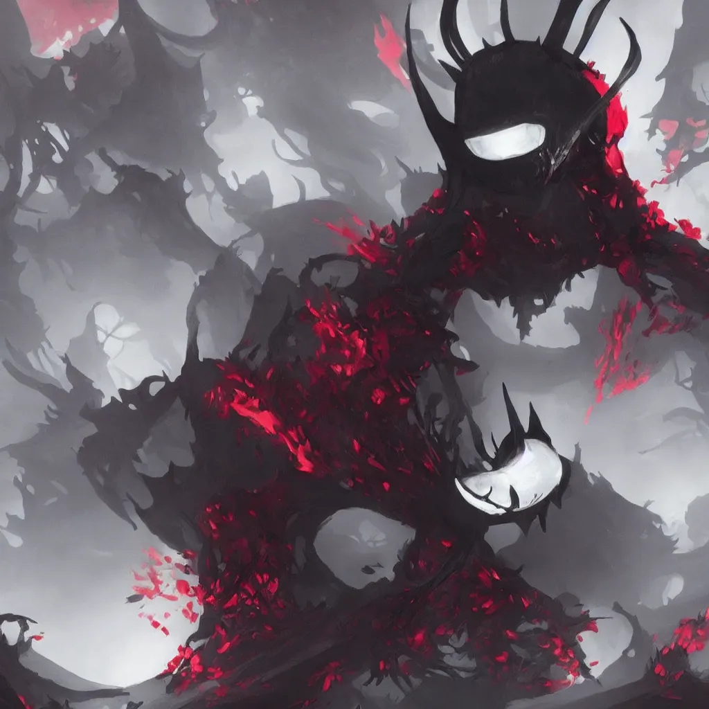 Image similar to concept art for hollow knight. Ominous. High detail. No text. Red. Bright Colors. nightmare king grimm. Sharp. 4K 8K. Detailed shapes.