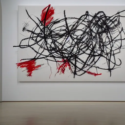 Prompt: ( dancers dancing dance ) curves ( black white red ) ( big circle ) twombly breathtaking piece museum of modern art new york