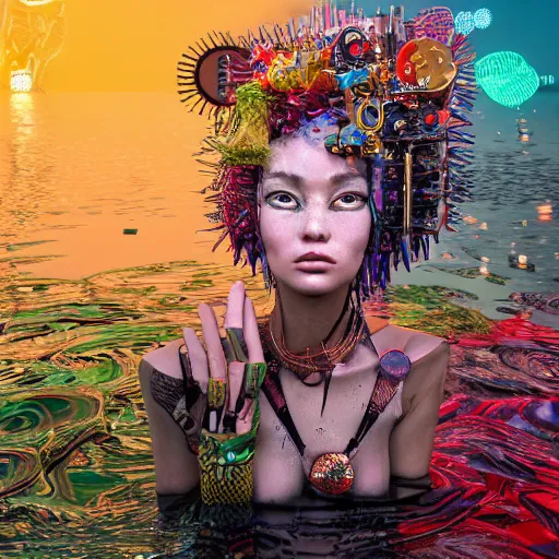 Image similar to deeper into the metaverse we go, piles of modular synth cables, kawaii puerto rican goddess swimming up wearing a headpiece made of circuit boards, by cameron gray, wlop, stanley kubrick, masamune, hideki anno, jamie hewlett, unique perspective, trending on artstation, 3 d render, vivid