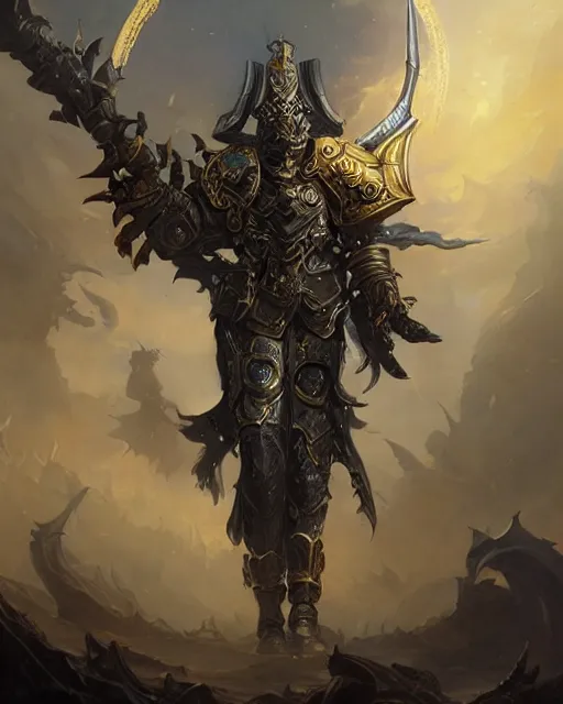 Prompt: Highly detailed Champion paladin in black gold intricate and ornate armor, unreal engine, fantasy art by peter mohrbacher, Greg Rutkowski, tristan eaton, Rhads, radiant halo of light