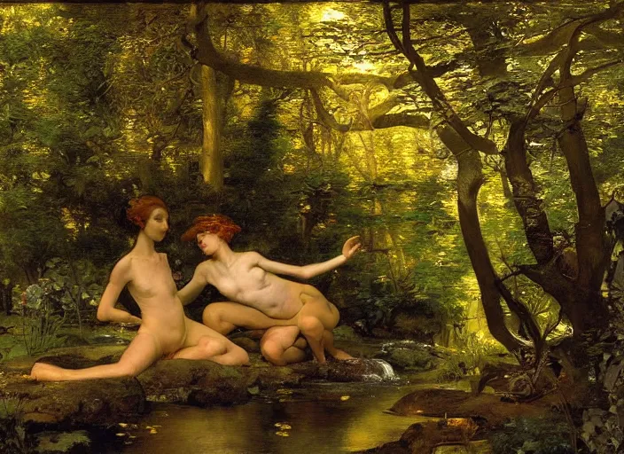 Prompt: a stream, bright as a ribbon of gold, babbles, as a breeze rustles the branches of the surrounding trees. the glade is bathed in an otherworldly golden light. edgar maxence and caravaggio and michael whelan and delacroix style, artistic, intricate painting, cinematic lighting, hyper realistic, extremely detailed, vivid colors, establishing shot, dramatic lighting
