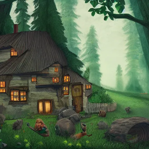 Prompt: a house with broken holes, lush canadian forest in the background, childrens book art, trending on artstation, illustration, cinematic