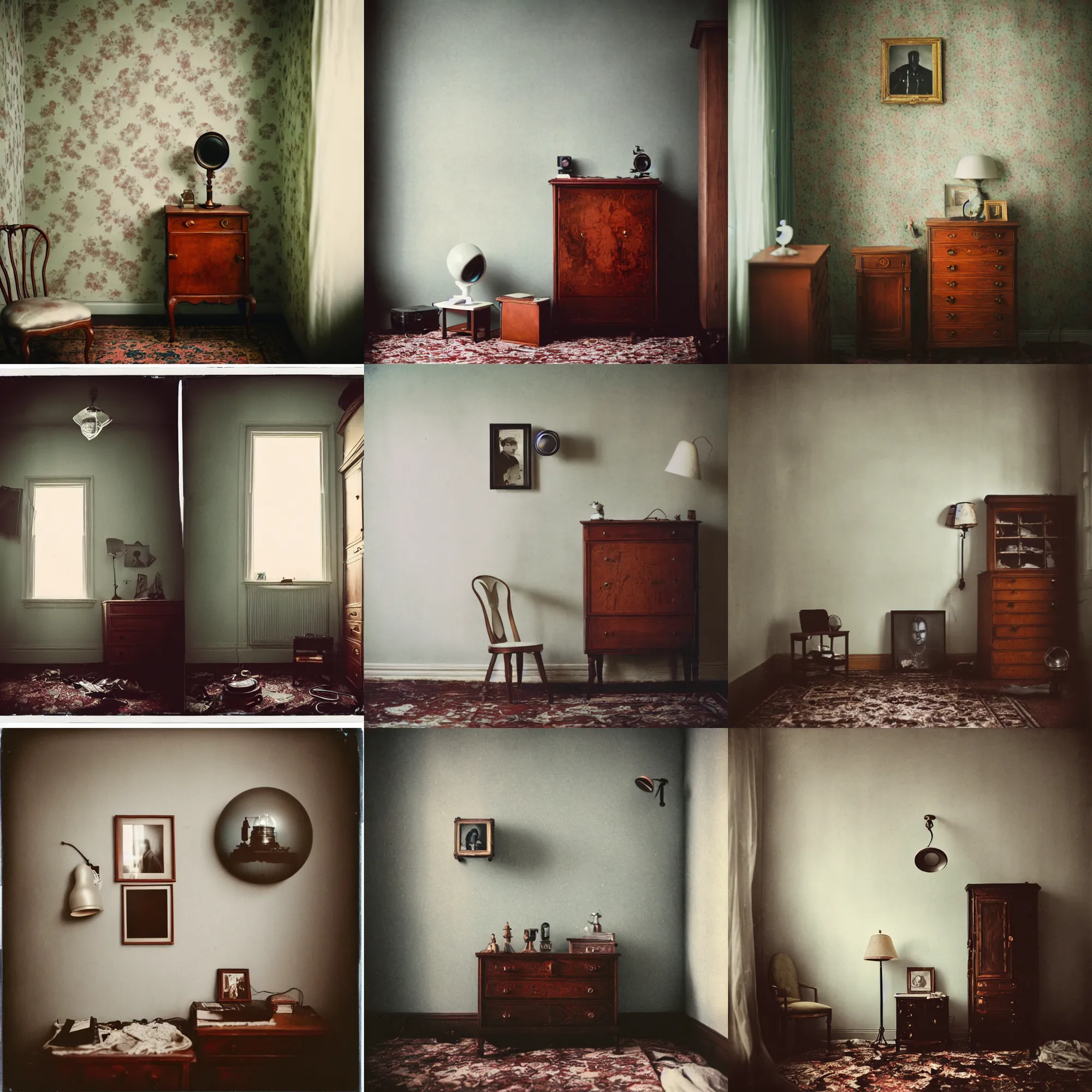 Prompt: kodak portra 4 0 0, wetplate, fisheye, award - winning portrait photo by britt marling, 1 9 2 0 s room, ghost, chaos, messi, picture frames, a cloud, dust, 1 9 2 0 s furniture, wallpaper, carpet, shining lamp, muted colours, wood, fog,