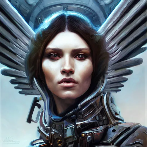 Image similar to scifi character portrait Painting of a futuristic archangel from, warhammer40k , dystopian mood, intricate, wild, highly detailed, digital painting, artstation, concept art, smooth, sharp focus, illustration, art by artgerm and greg rutkowski, and alphonse mucha