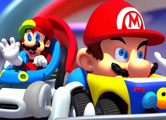 Image similar to steve buscemi driving a little tikes cozy coupe, movie still, from the new mario kart game, 8 k, realistic