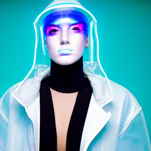 Image similar to an ultra high definition professional studio quality photograph of an artificial celebrity cyberpunk pop star wearing a transparent iridescent perspex pastel coloured face visor and matching raincoat on white coat hook in an empty white room. dramatic lighting. volumetric shadows. light rays