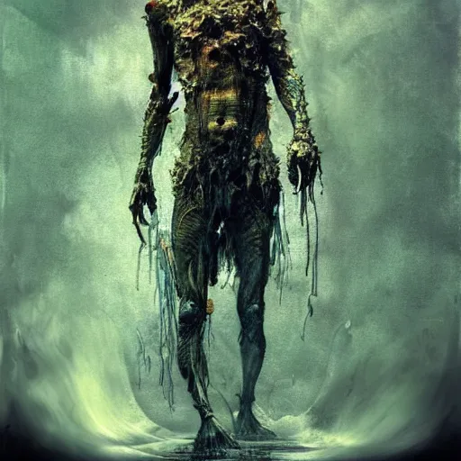 Image similar to mutant fishman with gills and scales from the ocean by emil melmoth zdzislaw beksinki craig mullins yoji shinkawa realistic render ominous detailed photo atmospheric by jeremy mann francis bacon and agnes cecile ink drips paint smears digital glitches glitchart