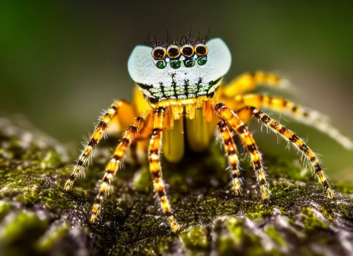 Prompt: super macro of a glass spider sitting on a flower, in the forest. Fantasy magic style. Highly detailed 8k. Intricate. Nikon d850 300mm. Award winning photography.