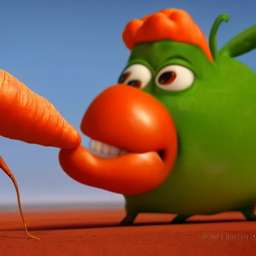 Image similar to a carrot shaking hand with a tomato, digital art, pixar, disney, movie, artstation, 4 k, by pixar