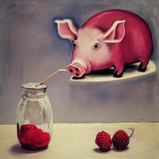 Image similar to “pig paintings and pig sculptures in a pig art gallery, pork, ikebana white flowers, white wax dripping, squashed raspberry stains, acrylic and spray paint and oilstick on canvas, by munch and Dali”