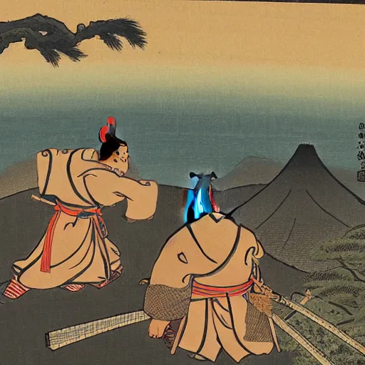 Prompt: Two Japanese samurai stand off in the sunset on a hill over looking a village, Ukiyo-e, drawing