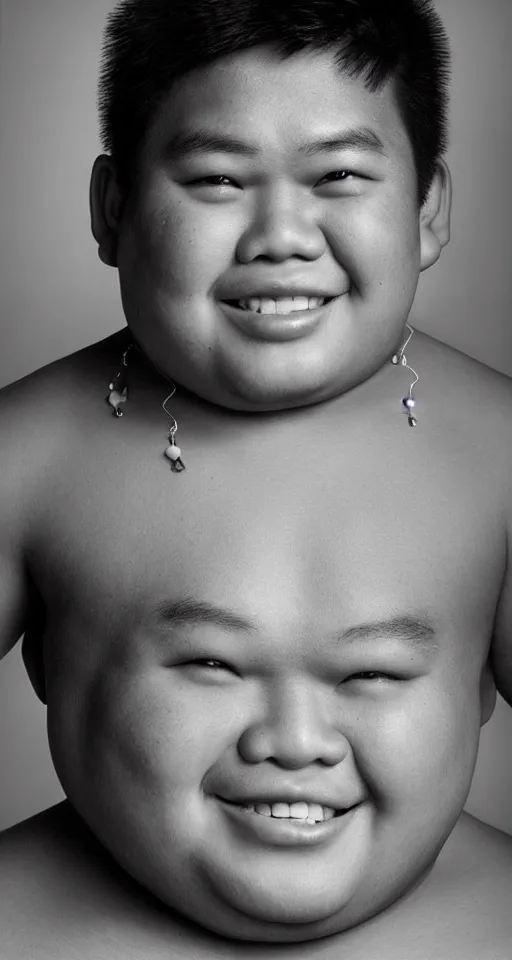 Image similar to photograph of one fat filipino teenage boy smiling with crooked teeth, with a curly perm, and with small studded earings, 4 k, photorealistic, high detail by richard avedon